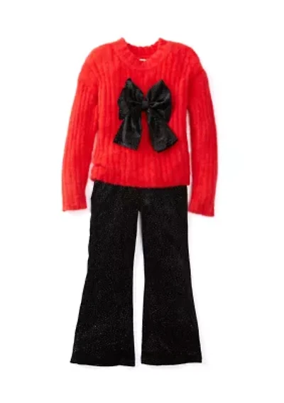Girls 4-6x Fuzzy Sweater with Velour Bow and Leggings Set