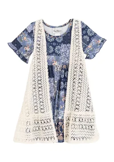 Girls 4-6x Cardigan Patchwork Printed Dress Set