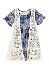 Girls 4-6x Cardigan Patchwork Printed Dress Set