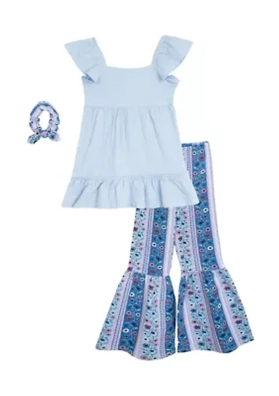 Girls 4-6x Bohemian Top and Printed Pants Set with Scrunchie