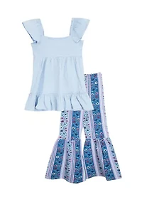 Girls 4-6x Bohemian Top and Printed Pants Set with Scrunchie