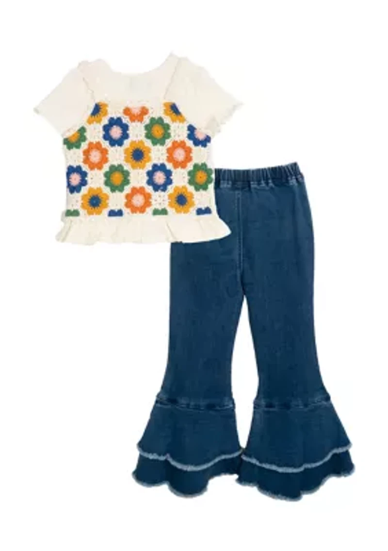Girls 4-6x Crochet Knit T-Shirt and Flared Pants Set