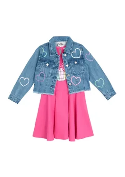 Girls 4-6x Denim Heart Printed Jacket and Tiered Dress Set