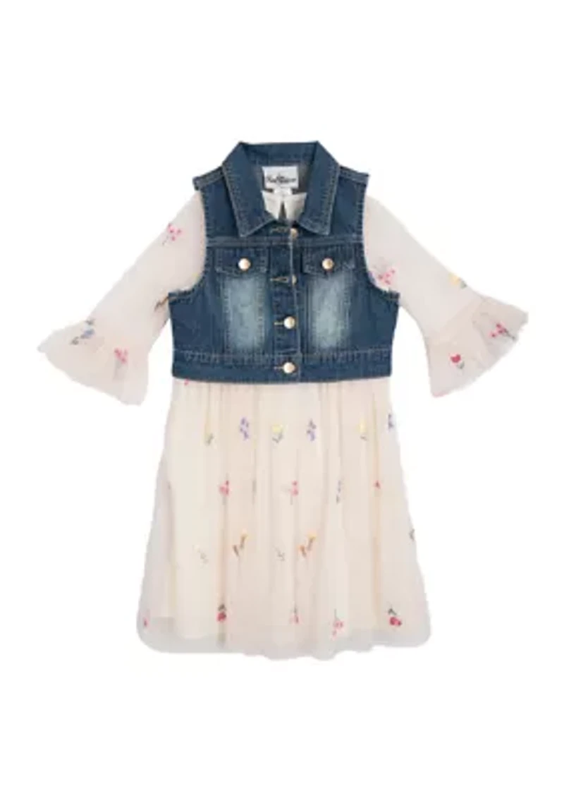 Girls 4-6x Denim Vest and Embroidered Floral Dress Set
