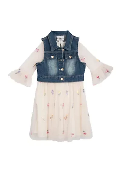 Girls 4-6x Denim Vest and Embroidered Floral Dress Set