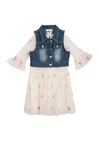 Girls 4-6x Denim Vest and Embroidered Floral Dress Set