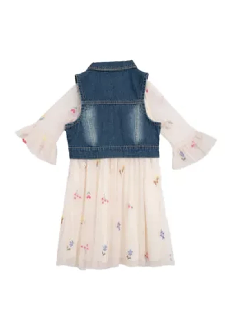 Girls 4-6x Denim Vest and Embroidered Floral Dress Set