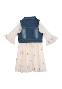 Girls 4-6x Denim Vest and Embroidered Floral Dress Set