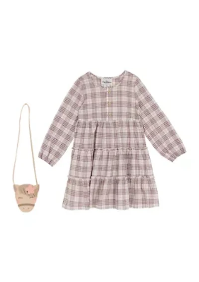 Girls 4-6x Long Sleeve Plaid Dress and Purse Set