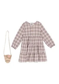 Girls 4-6x Long Sleeve Plaid Dress and Purse Set