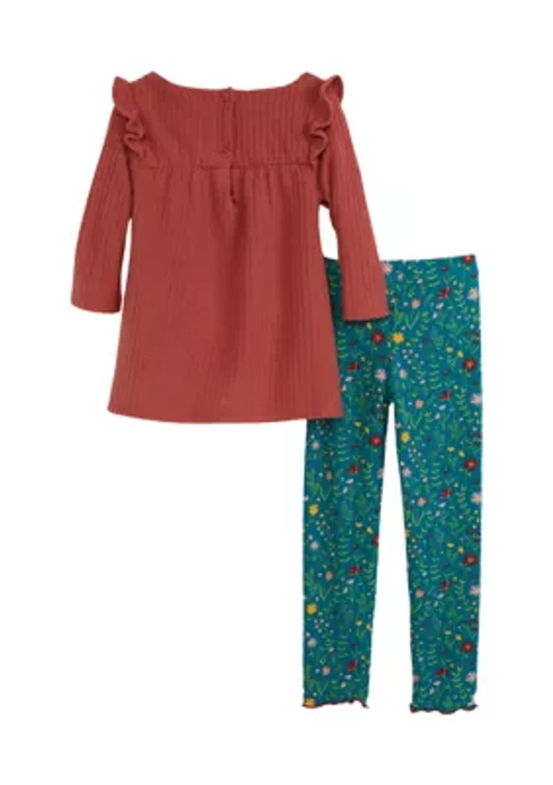 Girls 4-6x Thermal Knit Top and Printed Brush Leggings Set