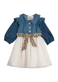 Girls 4-6x Ruffled Denim Bodice to Mesh Skirt Dress