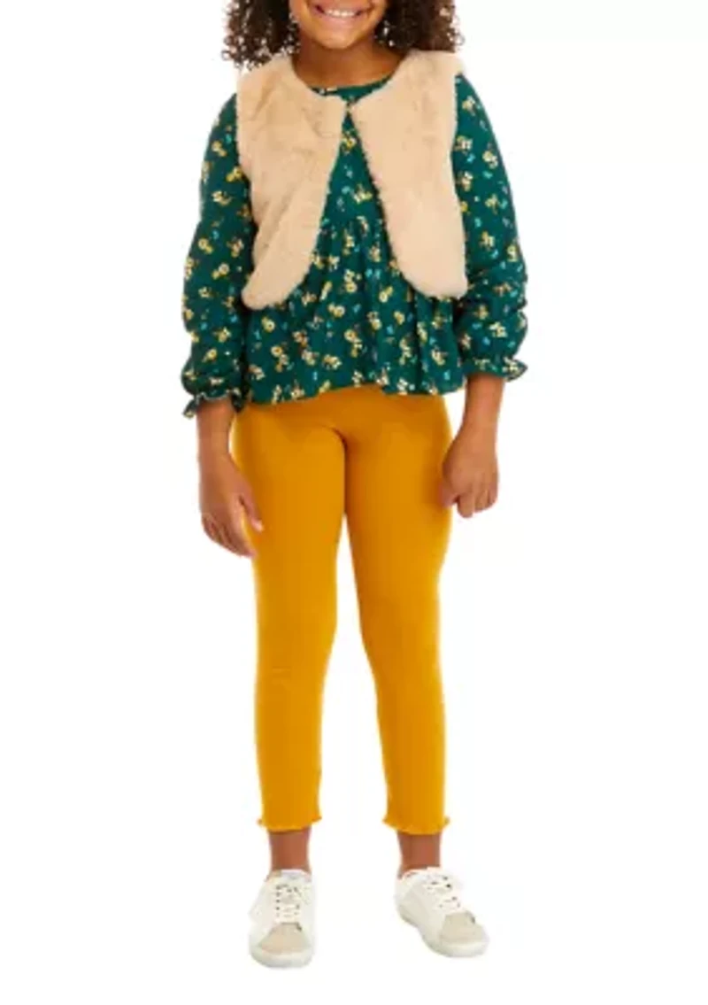 Girls 7-16 Printed Clip Dot Cotton Woven Long Sleeve Top to Rib Knit Legging and Fur Vest Set