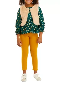 Girls 7-16 Printed Clip Dot Cotton Woven Long Sleeve Top to Rib Knit Legging and Fur Vest Set