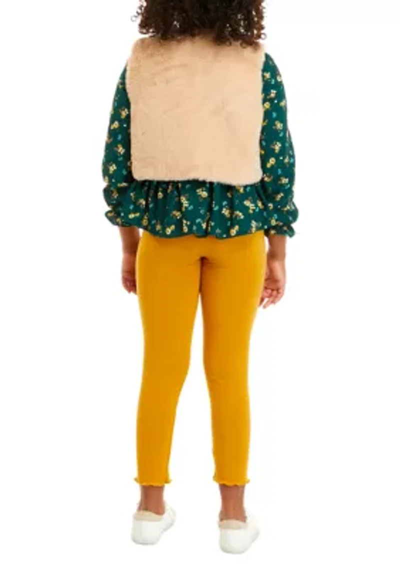Girls 7-16 Printed Clip Dot Cotton Woven Long Sleeve Top to Rib Knit Legging and Fur Vest Set