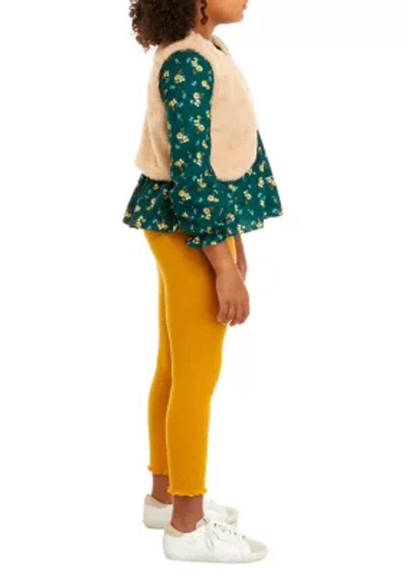 Girls 7-16 Printed Clip Dot Cotton Woven Long Sleeve Top to Rib Knit Legging and Fur Vest Set