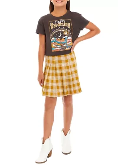 Girls 7-16 Graphic T-Shirt and Woven Cheerleader Skirt Set
