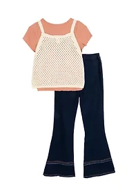 Girls 7-16 Crochet Knit Top and Denim Pants Set