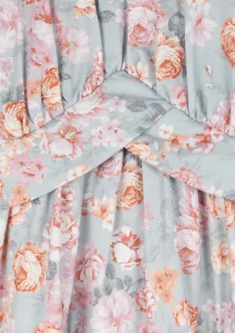 Girls 7-16 Floral Printed Tie Back Dress with Bow