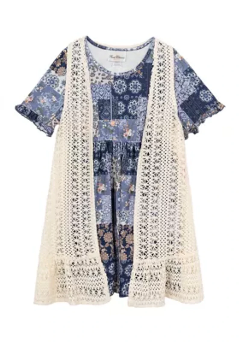 Girls 7-16 Cardigan and Patchwork Dress Set