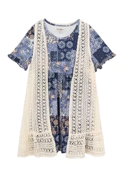 Girls 7-16 Cardigan and Patchwork Dress Set