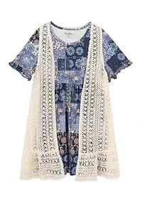 Girls 7-16 Cardigan and Patchwork Dress Set