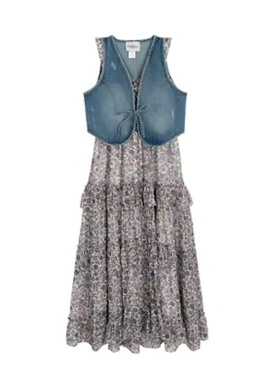 Girls 7-16 Printed Maxi Dress and Denim Vest Set