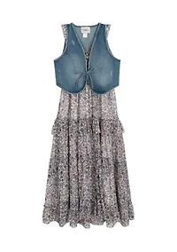Girls 7-16 Printed Maxi Dress and Denim Vest Set