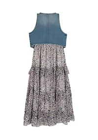 Girls 7-16 Printed Maxi Dress and Denim Vest Set