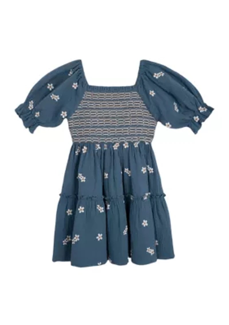 Girls 7-16 Elbow Puff Sleeve Embroidered Smocked Dress