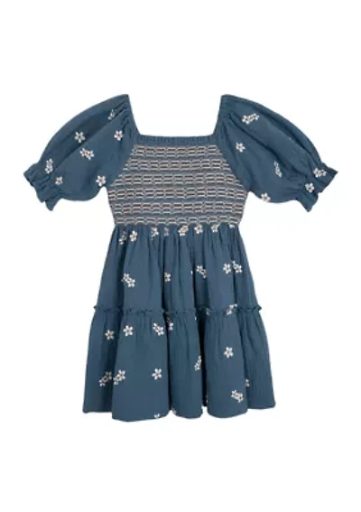 Girls 7-16 Elbow Puff Sleeve Embroidered Smocked Dress