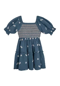 Girls 7-16 Elbow Puff Sleeve Embroidered Smocked Dress