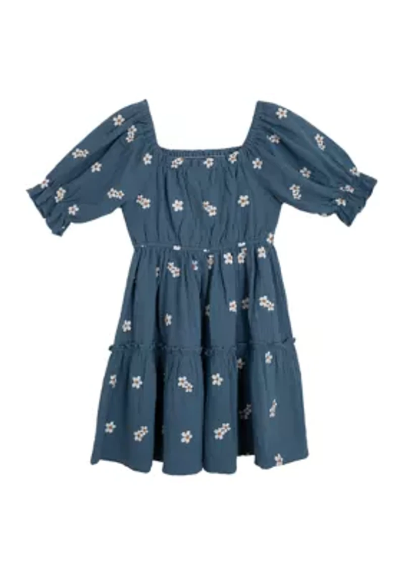 Girls 7-16 Elbow Puff Sleeve Embroidered Smocked Dress