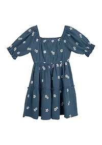 Girls 7-16 Elbow Puff Sleeve Embroidered Smocked Dress