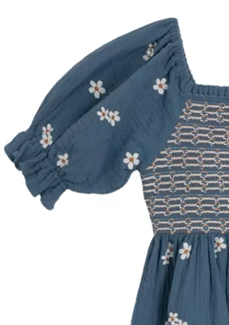 Girls 7-16 Elbow Puff Sleeve Embroidered Smocked Dress