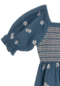 Girls 7-16 Elbow Puff Sleeve Embroidered Smocked Dress