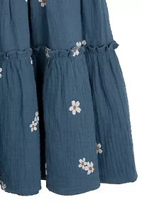 Girls 7-16 Elbow Puff Sleeve Embroidered Smocked Dress