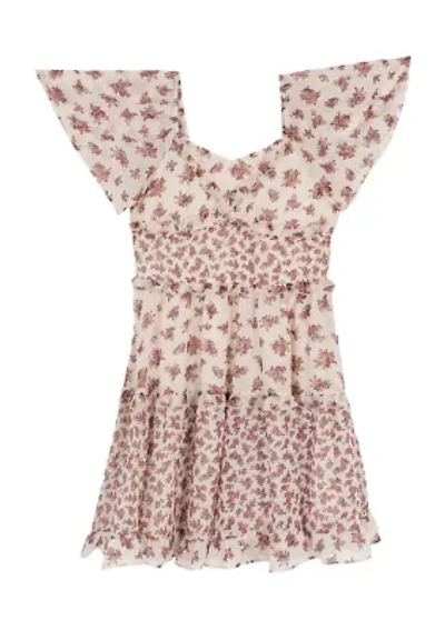 Girls 7-16 Flutter Sleeve Floral Print Tiered Drop Waist Dress