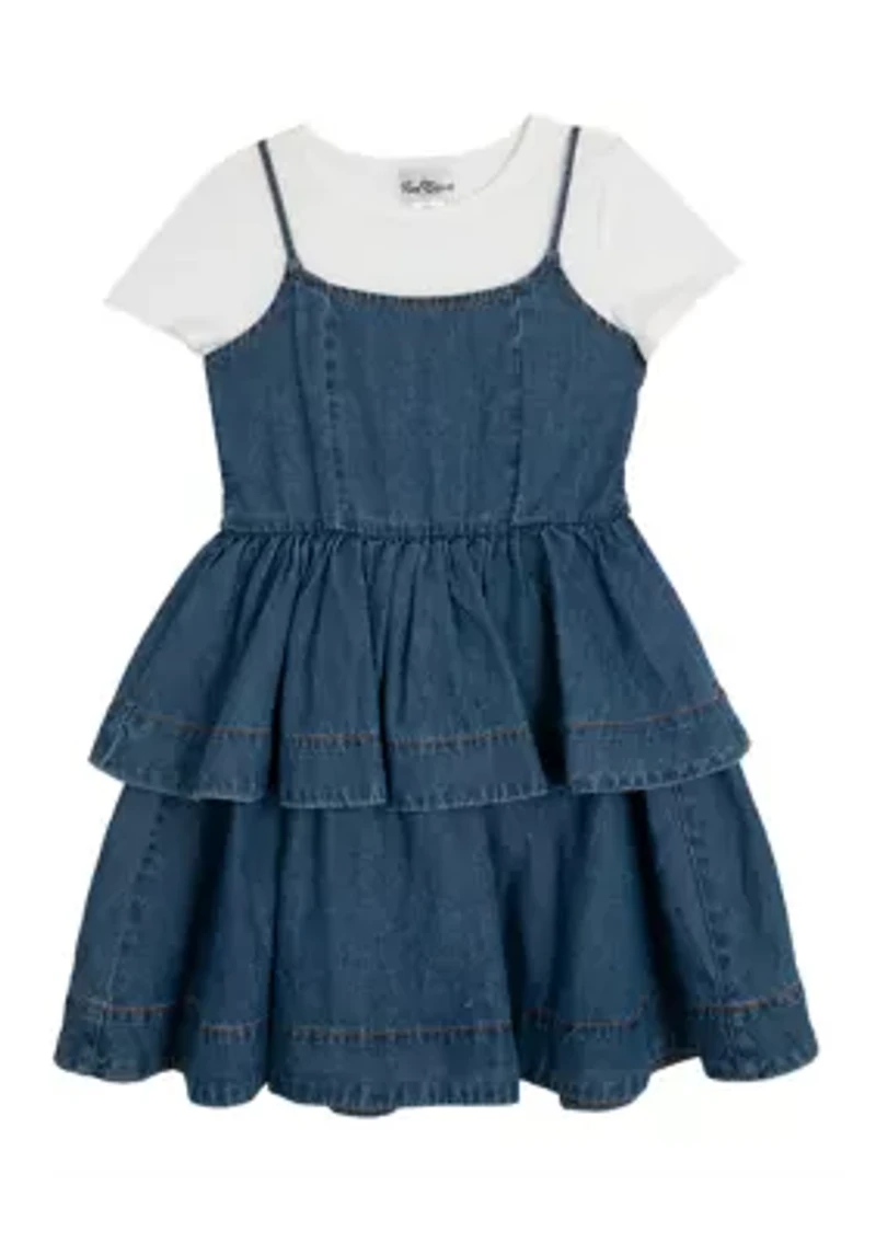 Girls 7-16 Short Sleeve Tiered Denim Jumper Dress