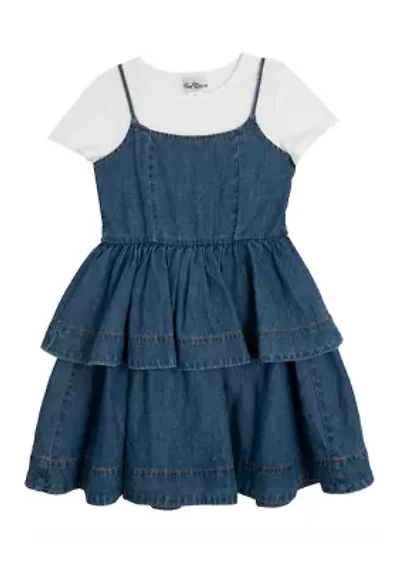 Girls 7-16 Short Sleeve Tiered Denim Jumper Dress