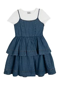 Girls 7-16 Short Sleeve Tiered Denim Jumper Dress