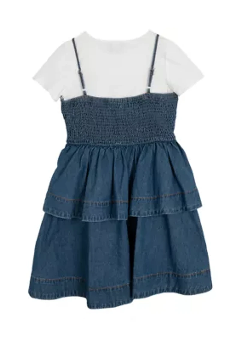 Girls 7-16 Short Sleeve Tiered Denim Jumper Dress