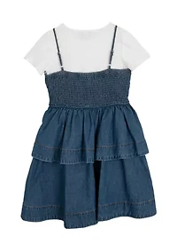 Girls 7-16 Short Sleeve Tiered Denim Jumper Dress