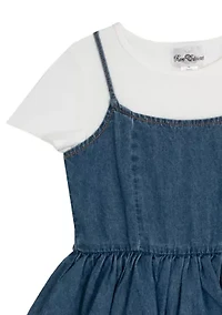 Girls 7-16 Short Sleeve Tiered Denim Jumper Dress