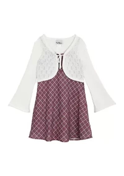 Girls 7-16 Cardigan and Plaid Printed Dress Set
