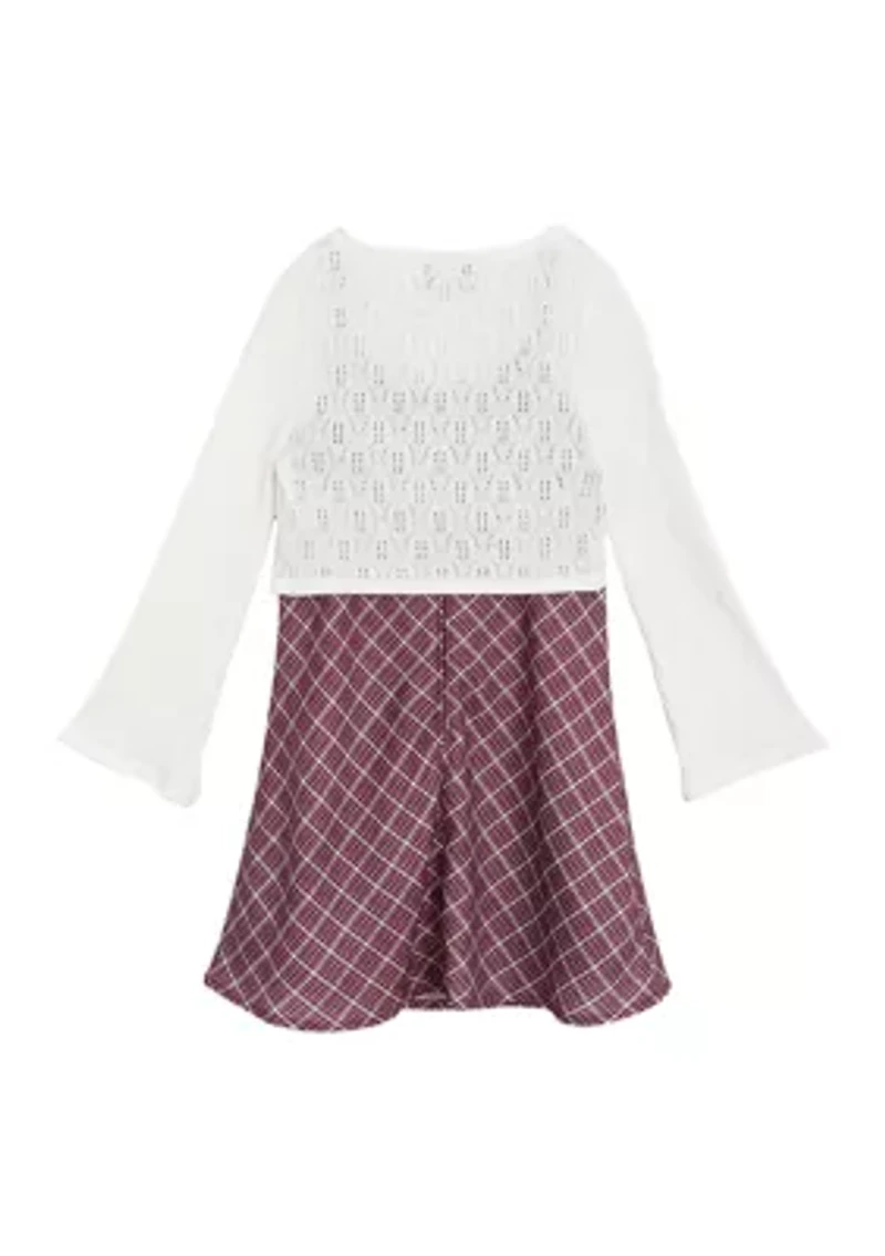 Girls 7-16 Cardigan and Plaid Printed Dress Set