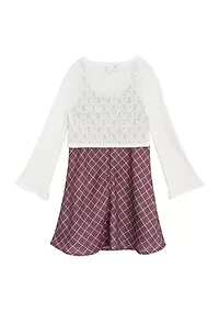 Girls 7-16 Cardigan and Plaid Printed Dress Set