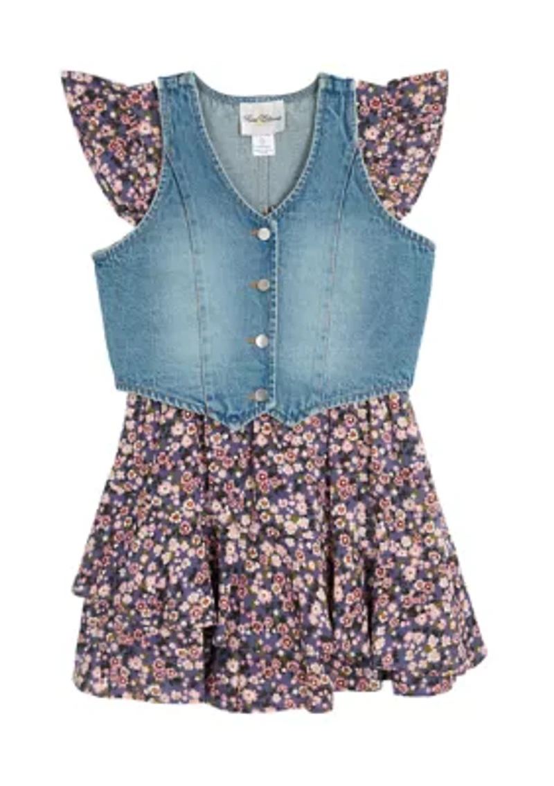 Girls 7-16 Printed Challis Wrap Dress with Denim Vest