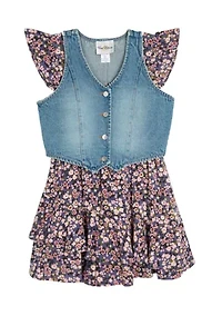 Girls 7-16 Printed Challis Wrap Dress with Denim Vest