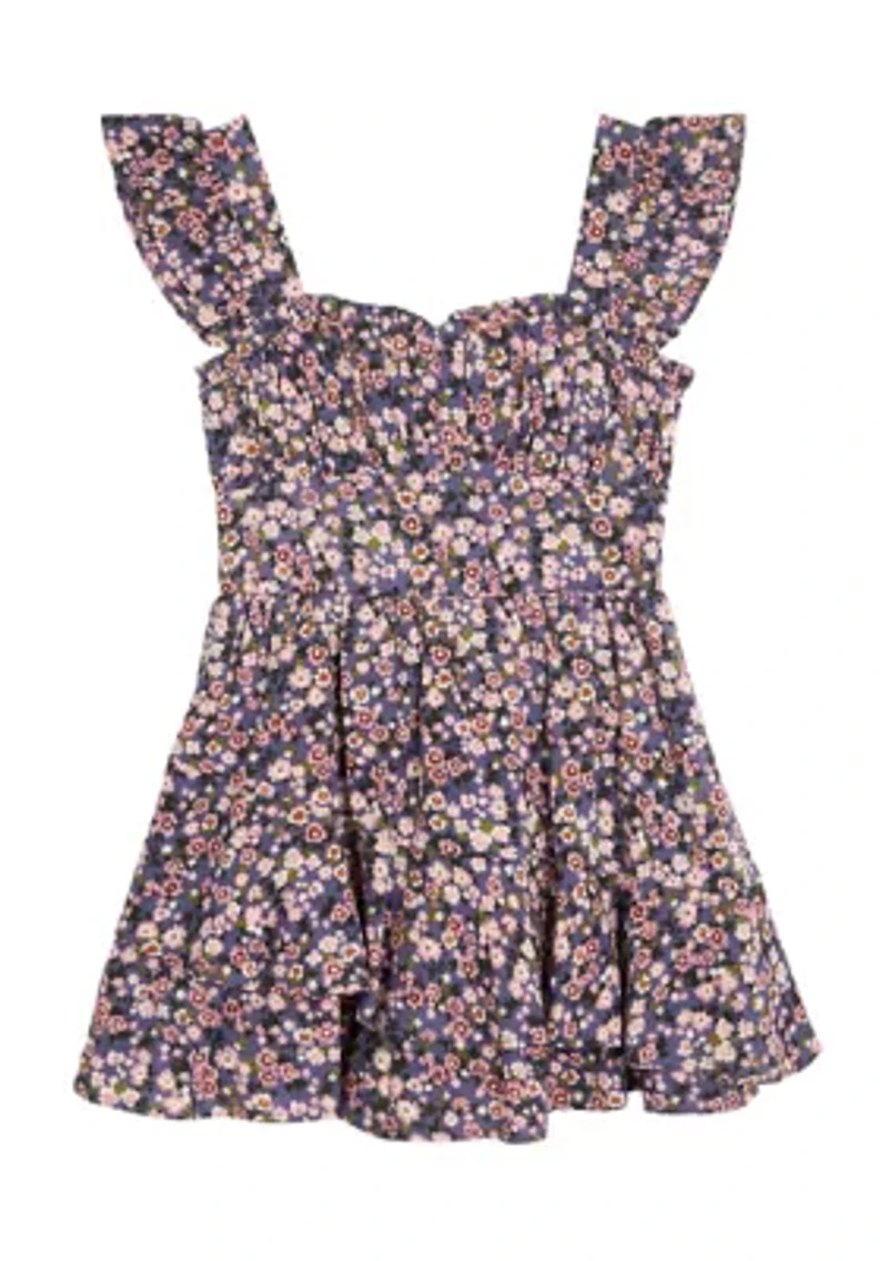 Girls 7-16 Printed Challis Wrap Dress with Denim Vest